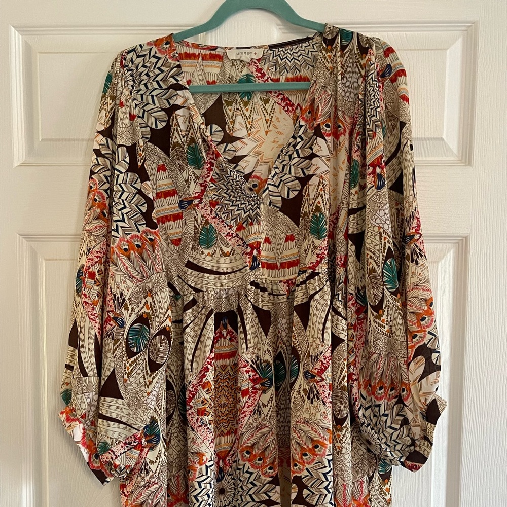 Umgee Dress Bohemian Multicolor Printed Bell Sleeve Mini Dres